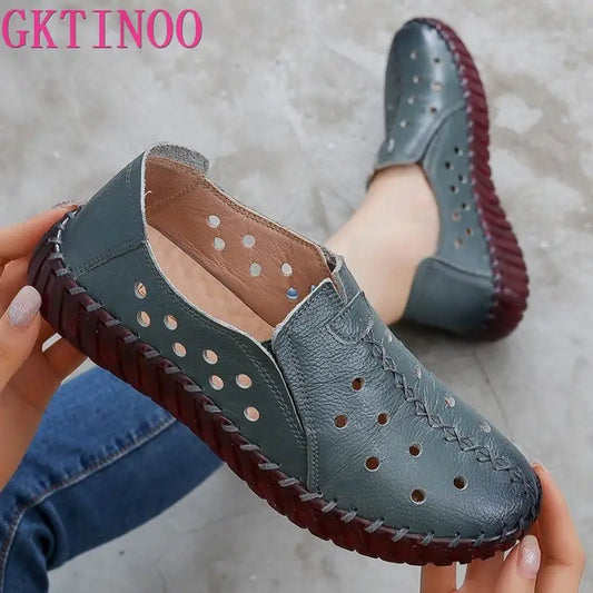 GKTINOO Summer Genuine Leather Shoes New Fashion Women Shoes Woman For Mom Women's Flats Comfortable Handmade Pregnant Hole Shoe