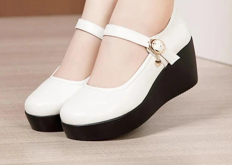 2024 Spring Leather Shoes Women Platform Wedges Shoe High Heels Round Toe Soft Sole White Women Pumps Large Size 33-43