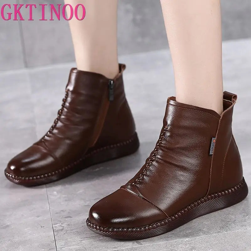GKTINOO 2024 Winter Genuine Leather Ankle Boots Handmade Lady Soft Flat Shoes Comfortable Casual Moccasins Side Zip Ankle Boots