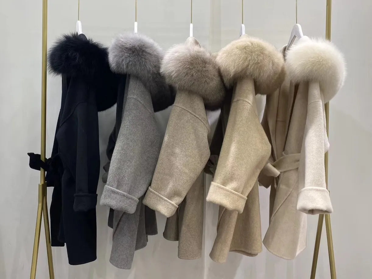 w2014 2020 Autumn Winter Women's Pure Wool Coat with Real Fox Fur Hood Oversized Casual Woolen Coat