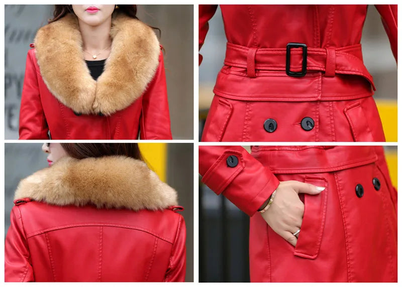 2023 Winter New Women Long Leather Jacket Coat Female Fashion Big Fur Collar Thick Slim Oversize Windbreaker