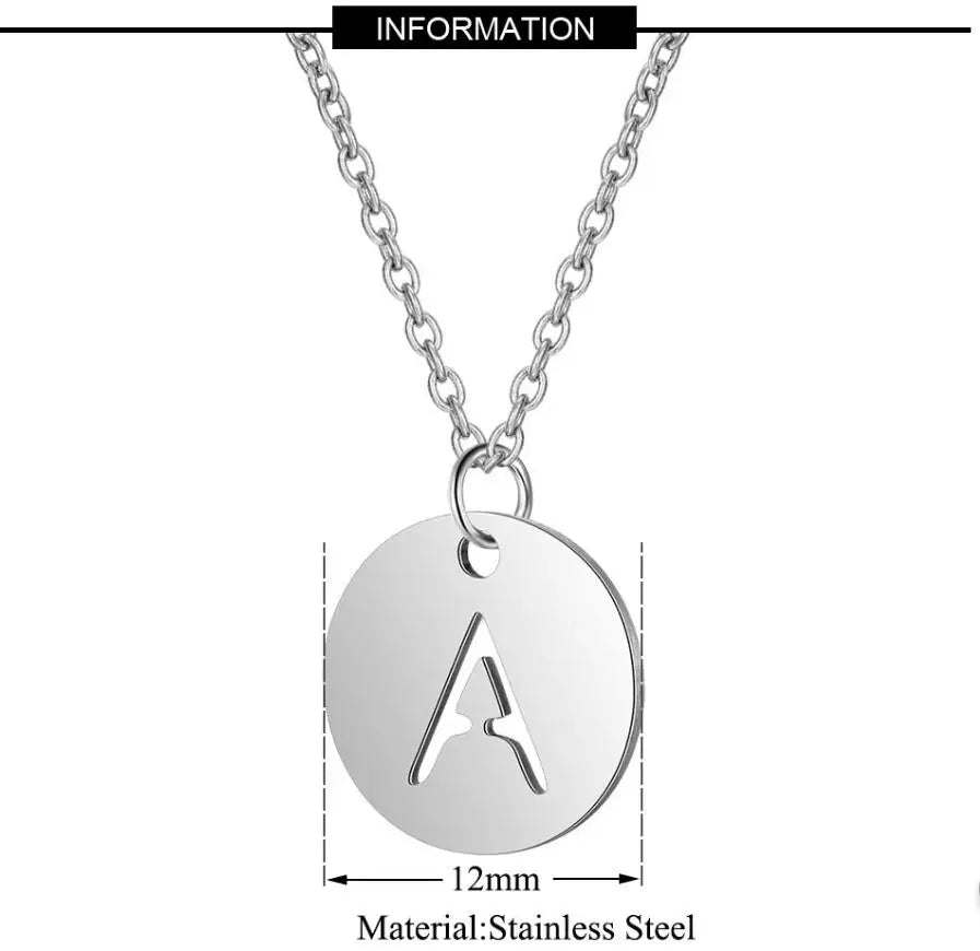 Name Necklace 12mm Round Pendant Letter Alphabets Necklace  Stainless Steel Femme Choker gift for Women