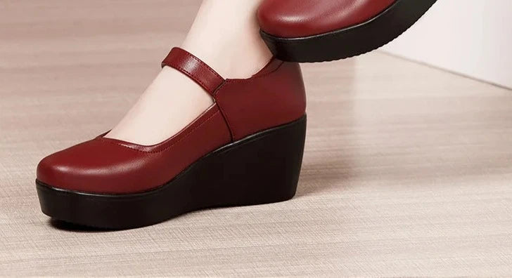 2024 Spring Leather Shoes Women Platform Wedges Shoe High Heels Round Toe Soft Sole White Women Pumps Large Size 33-43