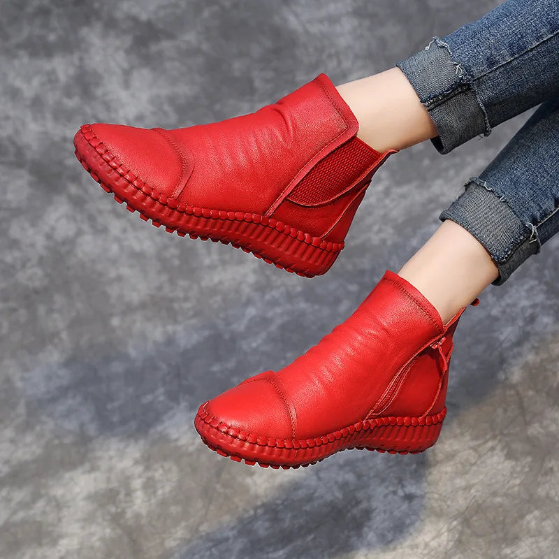 Leather Shoes Women Boots 2024 Autumn Winter Fashion Handmade Ankle Boots Warm Soft Outdoor Casual Flat Shoes Woman