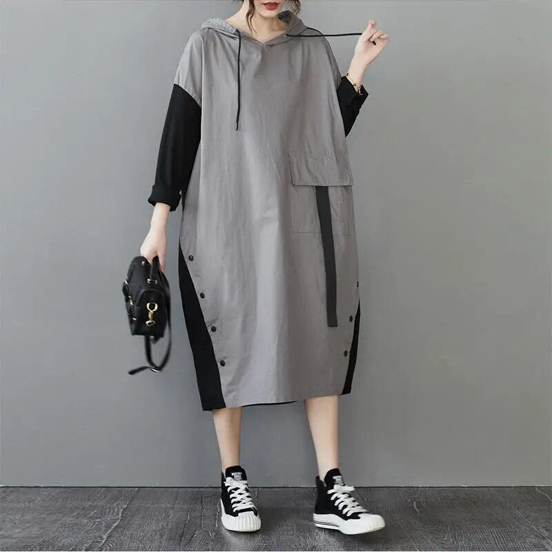 Contrast Color Stitching Big Pocket Dress Slim Long Sleeve Drawstring Hooded Women's Long Sweatshirt Dress M2141