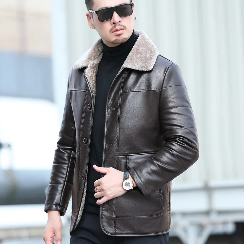 YXL-838 Natural Leather Men's Autumn and Winter Sheepskin Casual Lapel Mid Length Business Leather Down Jacket Plus Size