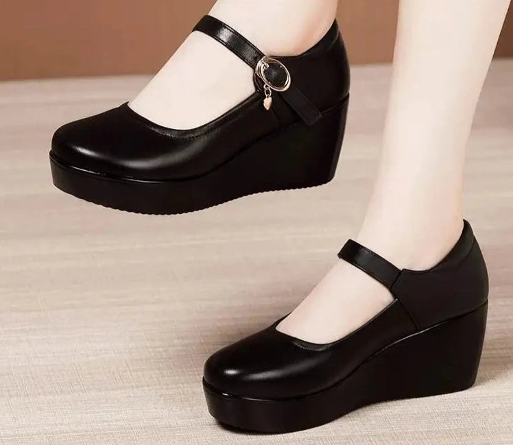 2024 Spring Leather Shoes Women Platform Wedges Shoe High Heels Round Toe Soft Sole White Women Pumps Large Size 33-43