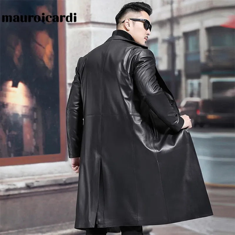 Mauroicardi Spring Autumn Long Black Mens Leather Blazer Jacket Long Sleeve Lapel Plus Size Faux Jeather Coat for Men Style 5xl