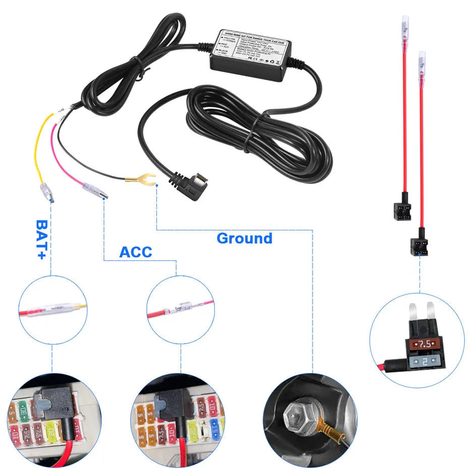 Car DVR Hardwire Kit 12V 24V to 5V 2.5A for Dash Cam 24 Hour Parking Monitor Car Adapter Cable Hard Wire Car Charger Cable