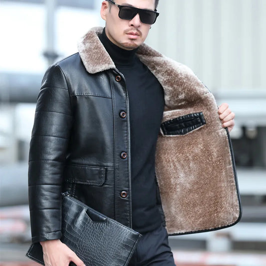 YXL-838 Natural Leather Men's Autumn and Winter Sheepskin Casual Lapel Mid Length Business Leather Down Jacket Plus Size