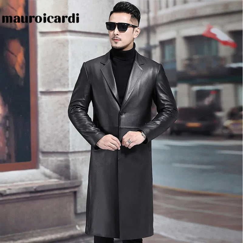 Mauroicardi Spring Autumn Long Black Mens Leather Blazer Jacket Long Sleeve Lapel Plus Size Faux Jeather Coat for Men Style 5xl