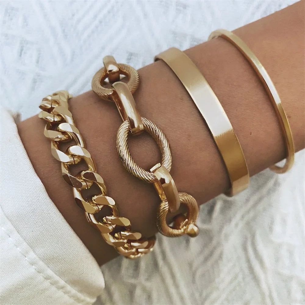 4Pcs Punk Heavy Metal Big Thick Chain Bracelet Set Women Retro Geometric Metal Twist Chain Bangles Bracelet Fashion Jewelry