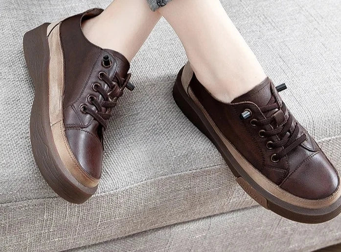 Genuine Leather Retro Women Sneakers Casual Lace Up Flat Ladies Shoes Fashion Breathable Comfort Women's Flat Shoes