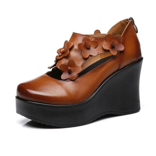 Spring Shoes Woman Genuine Leather Pumps Wedges High Heels Shoes Retro Flower Women Shoes Platform Women Pumps