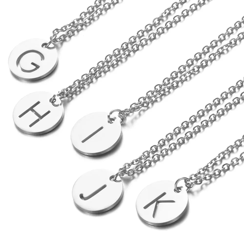 Name Necklace 12mm Round Pendant Letter Alphabets Necklace  Stainless Steel Femme Choker gift for Women