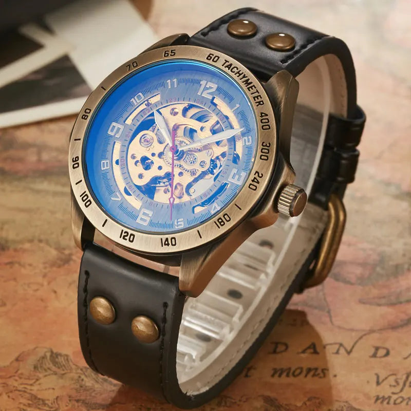 Retro Style Men Automatic Mechanical Watch Skeleton Steampunk Genuine Leather Band Mens Self Winding Wrist Watches Men Reloj