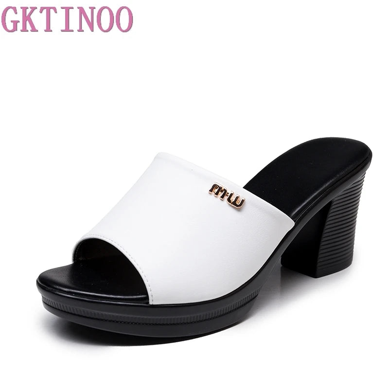 Women Sexy High Heel Clogs Summer Peep Toe Platform Mules Ladies Genuine Leather Slippers Female Slip On Sandals Shoes