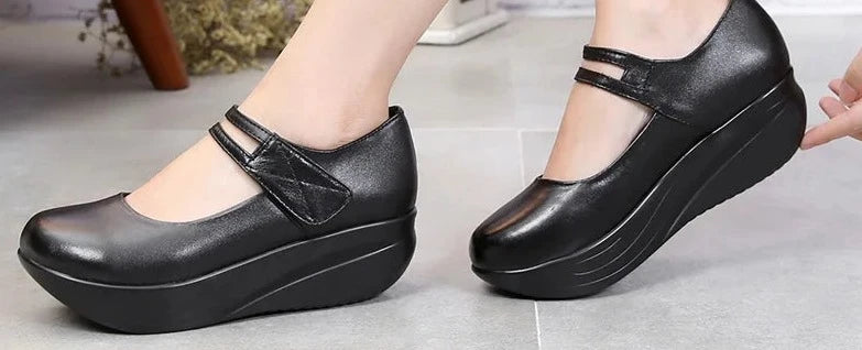 Women Genuine Leather Shoes Casual Wedge Shoes Ankle Straps Shallow Mouth Shoes Platform Soft Sole Lady Swing Shoes