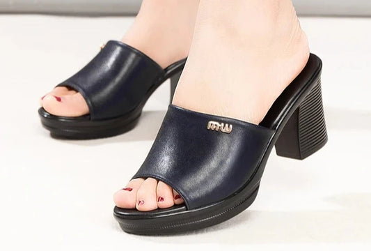 Women Sexy High Heel Clogs Summer Peep Toe Platform Mules Ladies Genuine Leather Slippers Female Slip On Sandals Shoes