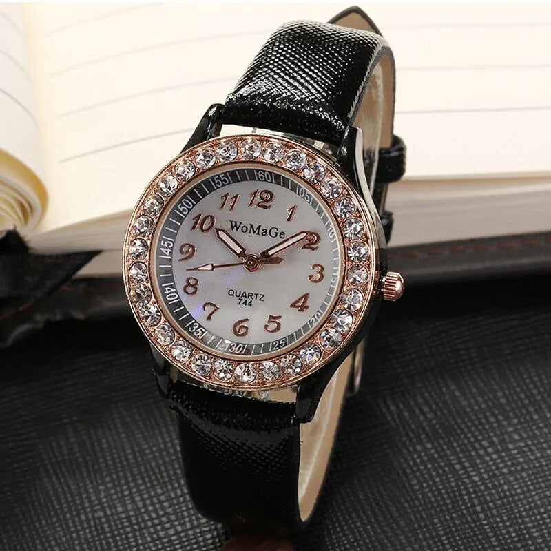 2022 Watches Women Rhinestone Watches WOMAGE Fashion White Quartz Watch Leather Band Ladies Watches montre femme reloj mujer