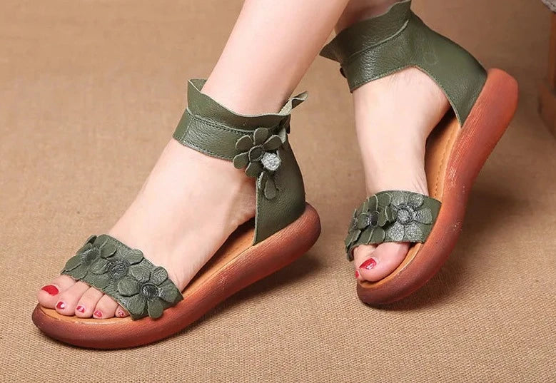 High Quality Fashion Flat Gladiator Sandals Women Genuine Leather High-Top Ankle Wrap With Flowers Vintage Sandals Shoes
