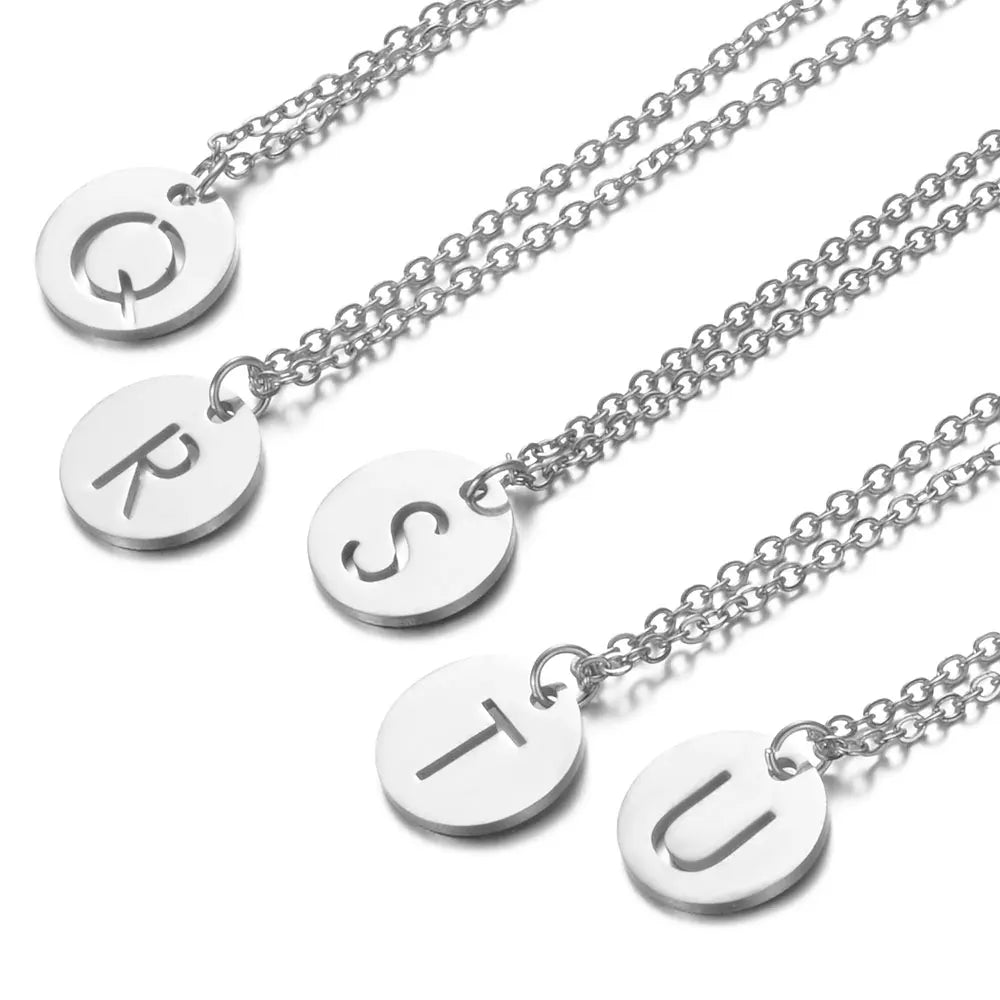 Name Necklace 12mm Round Pendant Letter Alphabets Necklace  Stainless Steel Femme Choker gift for Women