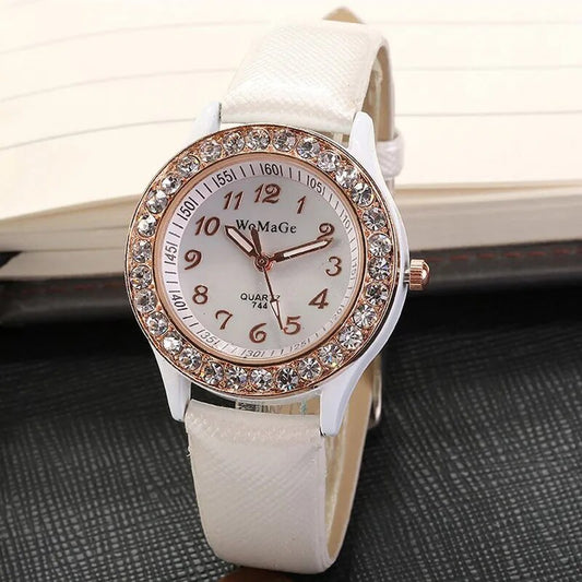 2022 Watches Women Rhinestone Watches WOMAGE Fashion White Quartz Watch Leather Band Ladies Watches montre femme reloj mujer