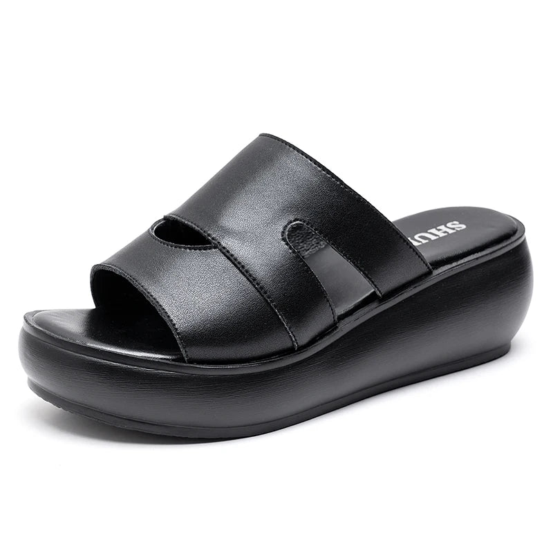 Women Slippers Summer 2024 Casual Shoes Genuine Leather Wedges Platform Slippers Women Sandals High Heel Slides