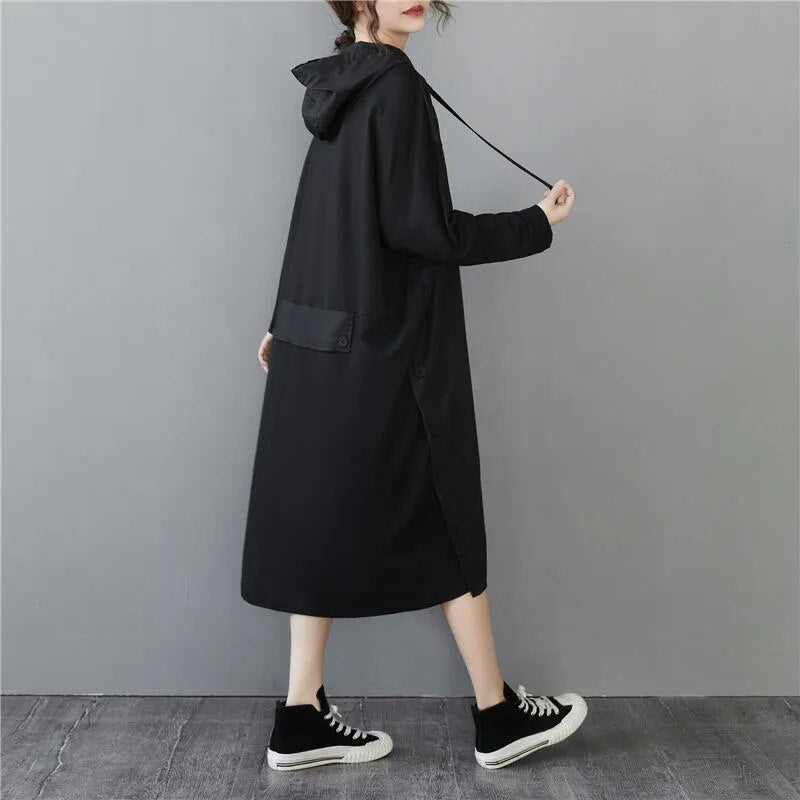 Contrast Color Stitching Big Pocket Dress Slim Long Sleeve Drawstring Hooded Women's Long Sweatshirt Dress M2141