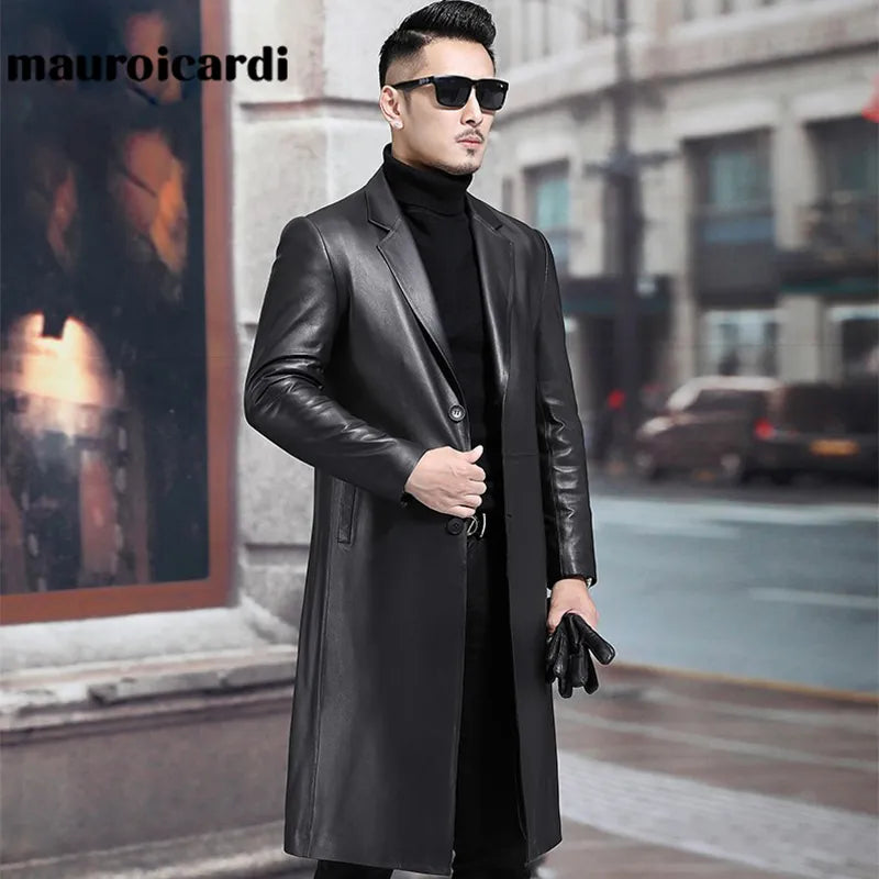 Mauroicardi Spring Autumn Long Black Mens Leather Blazer Jacket Long Sleeve Lapel Plus Size Faux Jeather Coat for Men Style 5xl