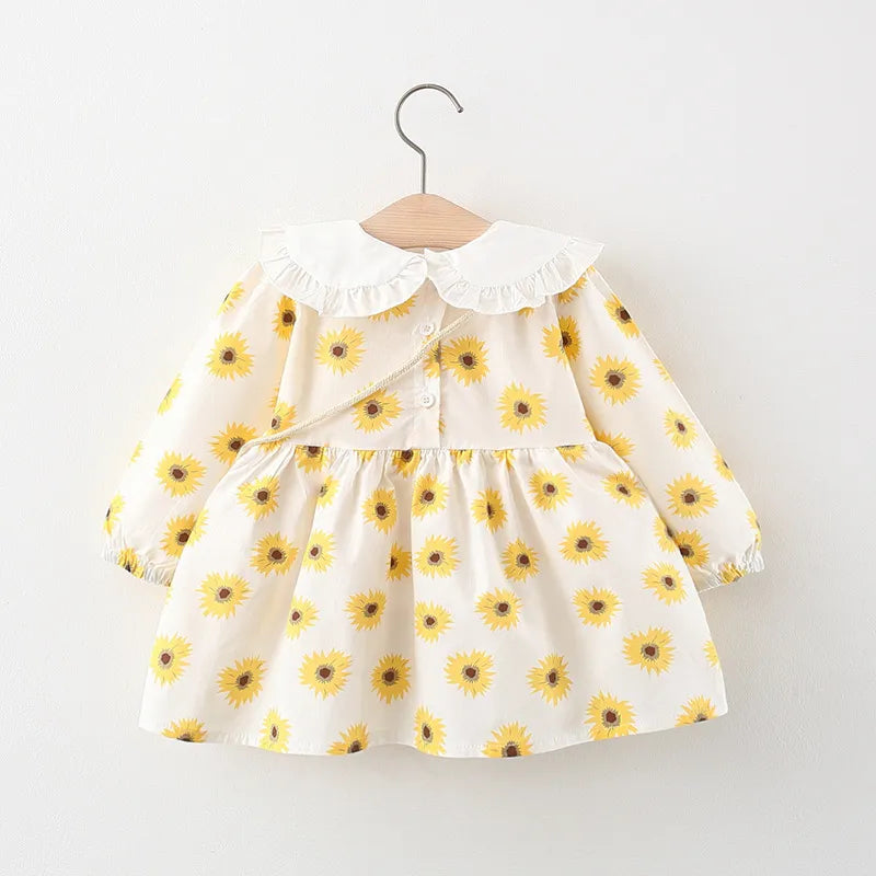 2Piece Spring Fall Toddler Girl Clothes Set Korean Cute Doll Collar Long Sleeve Print Flowers Dress+Bag Newborn Baby Dresses 074