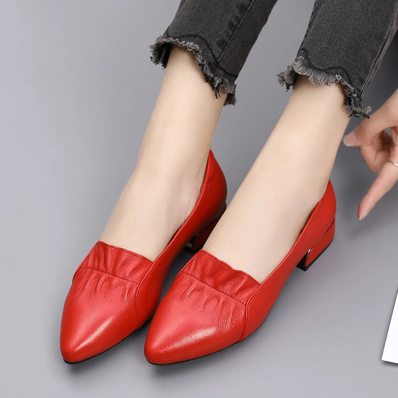 Brand Shoes Thick Heel Ladies Pumps Genuine Leather Pointed Toe Colorful Square Heels Party Handmade Shoes Women