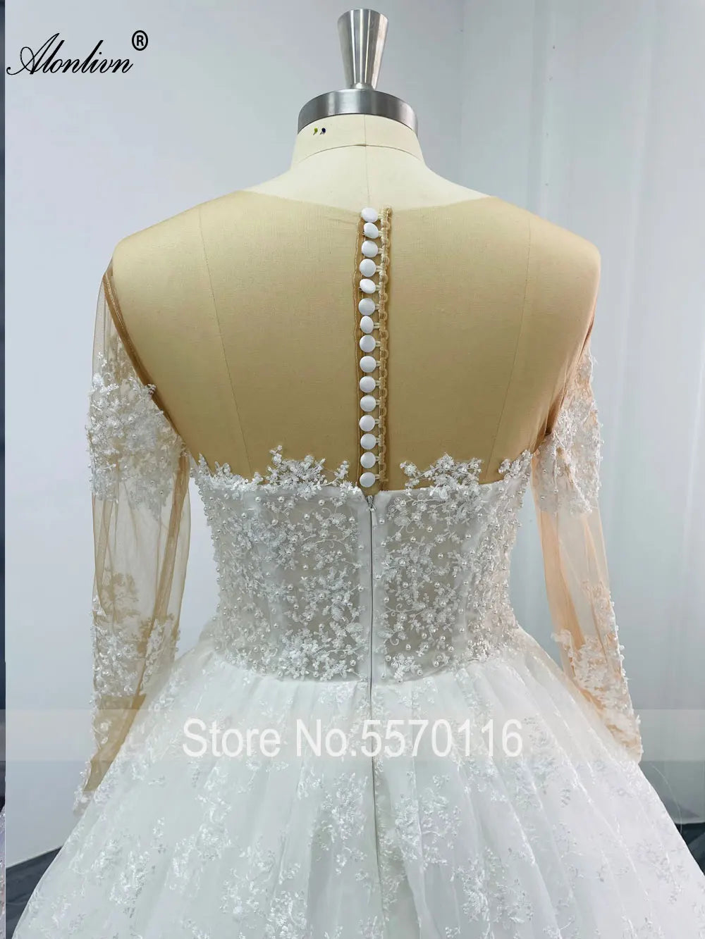 Elegant Silky Lace Of V-Neck Full Sleeve A Line Wedding Dress Beading Pearls Brown Skin Bridal Gowns