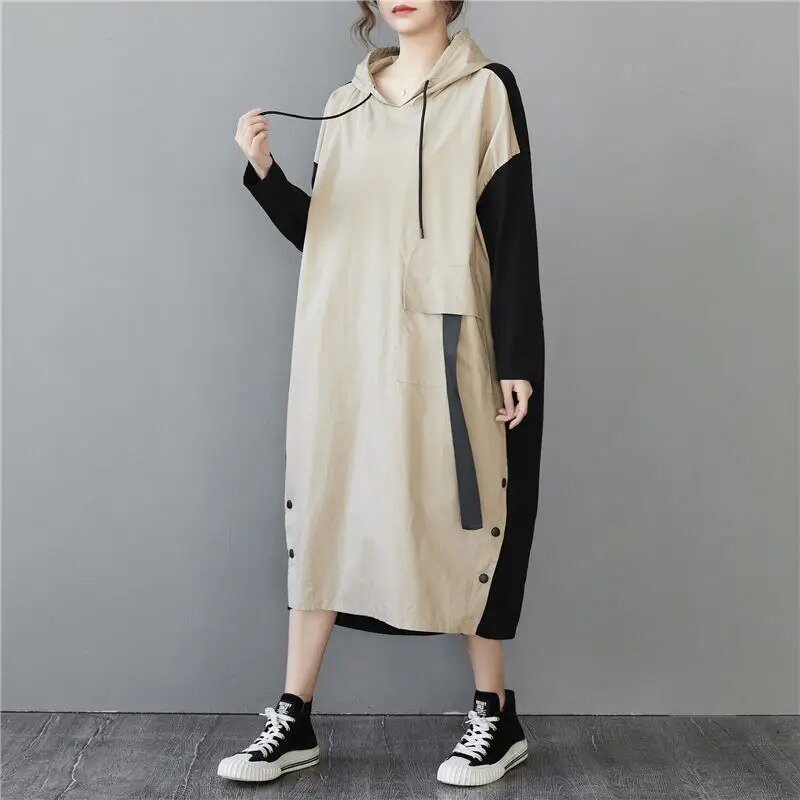 Contrast Color Stitching Big Pocket Dress Slim Long Sleeve Drawstring Hooded Women's Long Sweatshirt Dress M2141