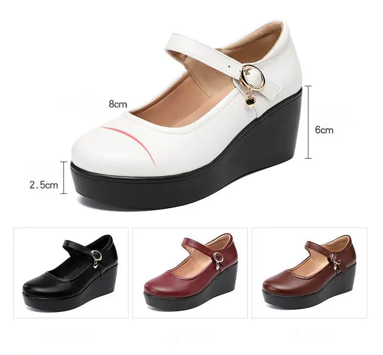 2024 Spring Leather Shoes Women Platform Wedges Shoe High Heels Round Toe Soft Sole White Women Pumps Large Size 33-43