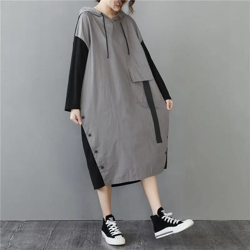 Contrast Color Stitching Big Pocket Dress Slim Long Sleeve Drawstring Hooded Women's Long Sweatshirt Dress M2141