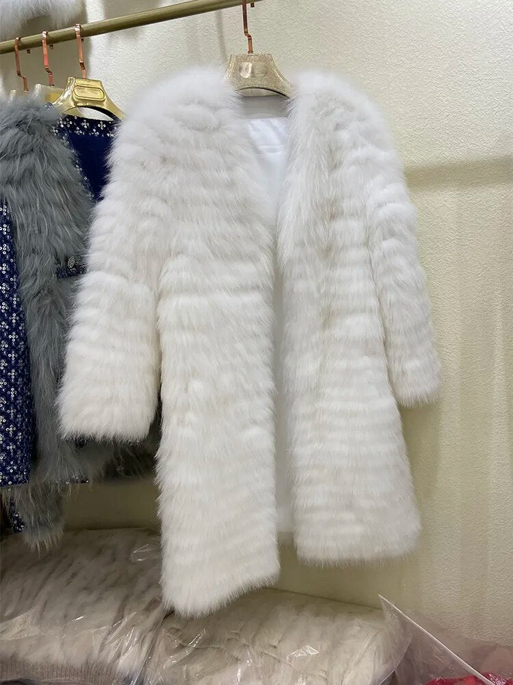 siham 😍 Women Winter Fashion Fox Fur Long Jacket Strip Sewed Toghter Real Fox Fur Long Outerwear