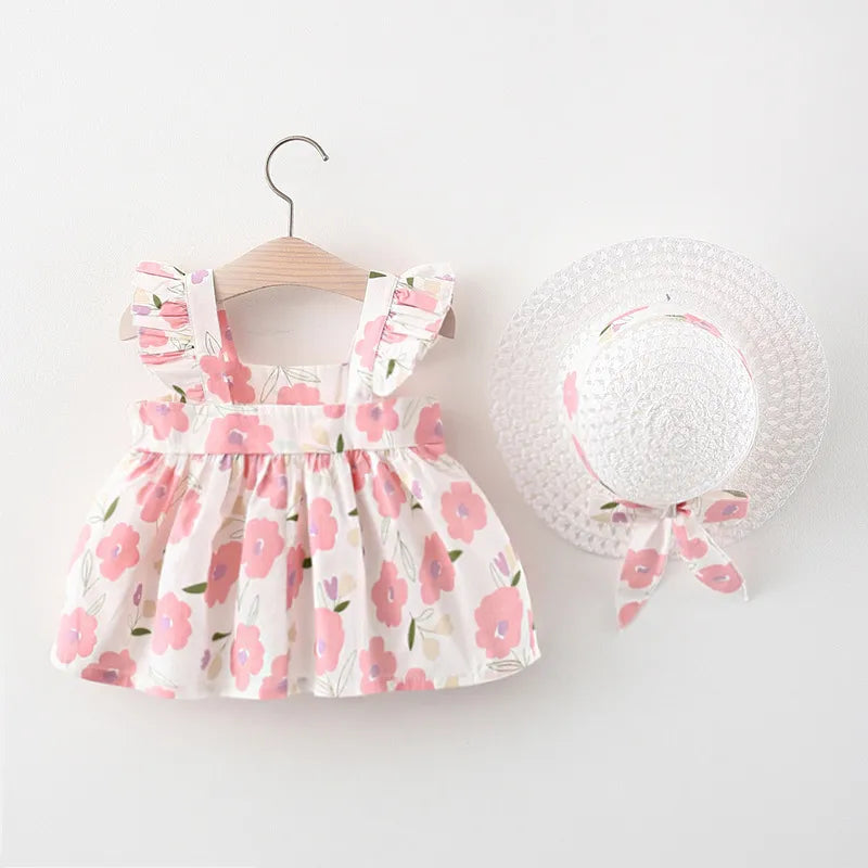 2Piece Sets Summer Outfit Baby Girl Costume Toddler Dresses Korean Cute Flowers Princess Beach Dress+Sunhat Newborn Clothes 067
