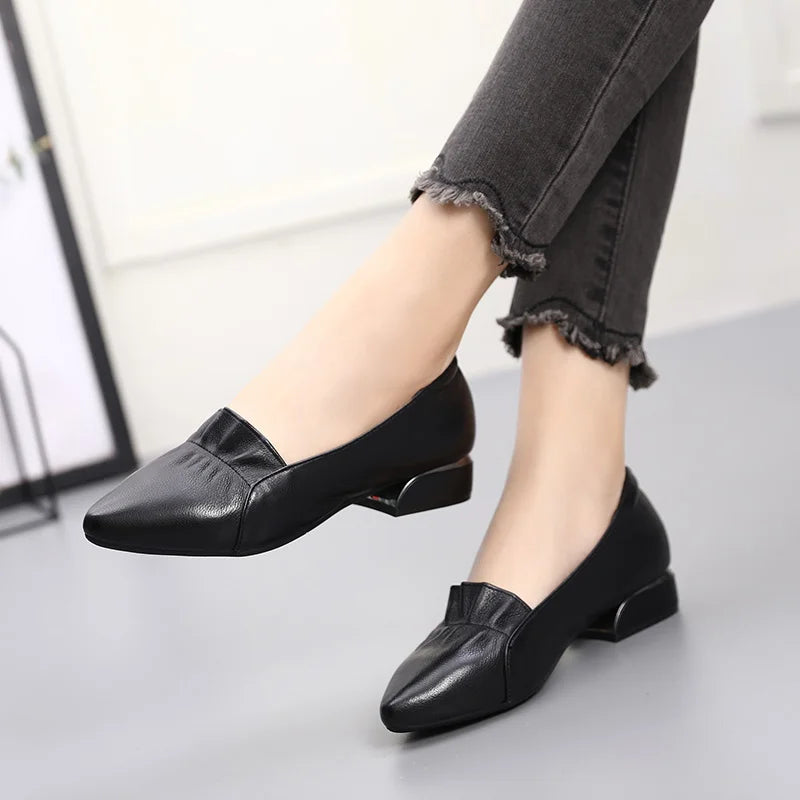 Brand Shoes Thick Heel Ladies Pumps Genuine Leather Pointed Toe Colorful Square Heels Party Handmade Shoes Women