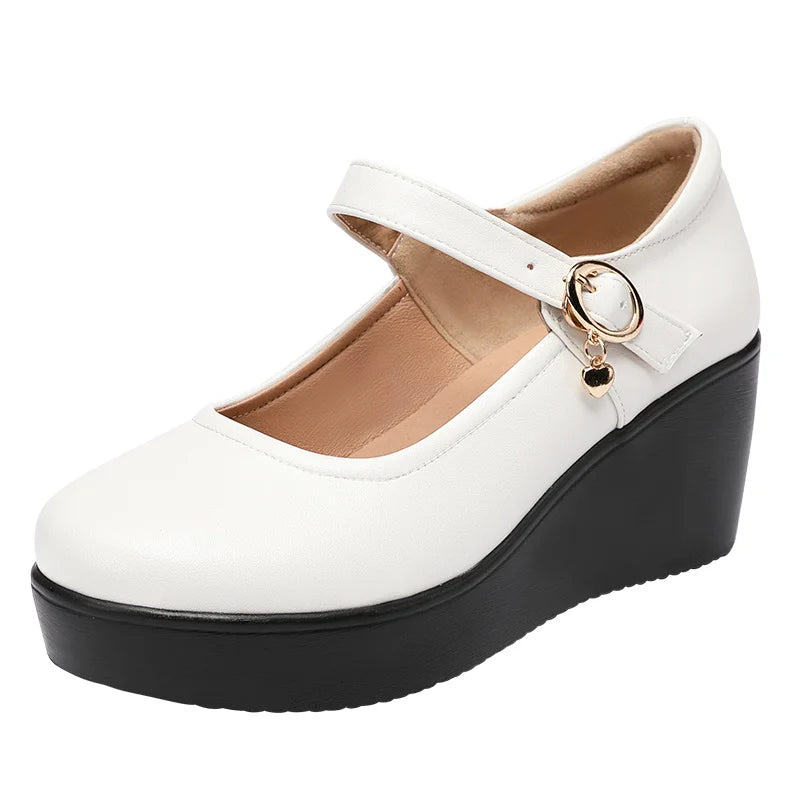 2024 Spring Leather Shoes Women Platform Wedges Shoe High Heels Round Toe Soft Sole White Women Pumps Large Size 33-43