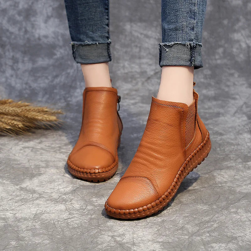 Leather Shoes Women Boots 2024 Autumn Winter Fashion Handmade Ankle Boots Warm Soft Outdoor Casual Flat Shoes Woman