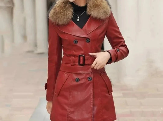 🌸 New Women Genuine Racoon Dog Fur Collar Long Leather Jacket Fashion Slim Plus Cotton Motorcycle Trench