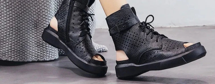 2024 Fashion Ladies Sandals Hollow-Out Gladiator Sandals Women Flat Shoes Open Toe Genuine Leather Summer Cool Boots
