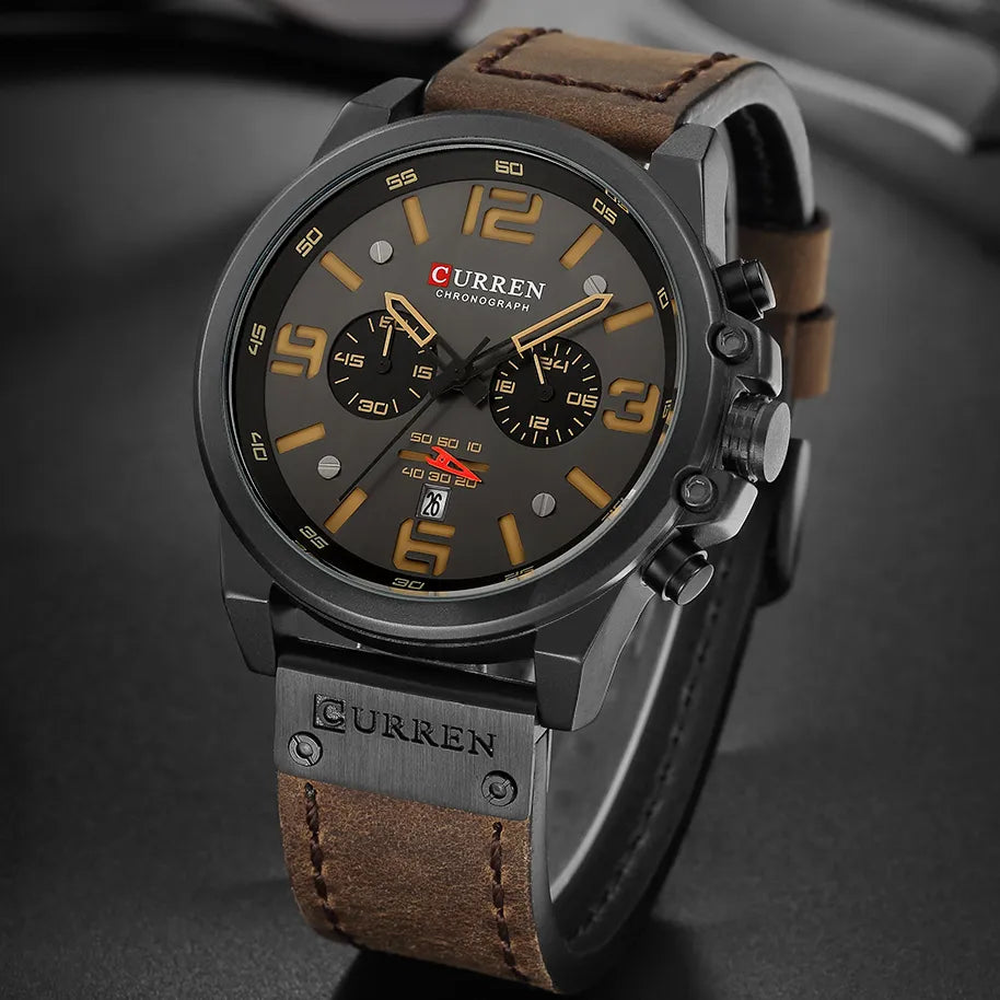 😍Mens Watches Top Luxury Brand Waterproof Sport Wrist Watch Chronograph Quartz Military Genuine Leather Relogio Masculino