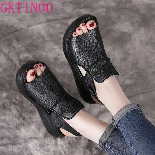 GKTINOO 2024 Summer Shoes Thick Bottom Flat Platform Sandals For Women Genuine Cow Leather Fashion Wedges Peep Toe Women Sandals