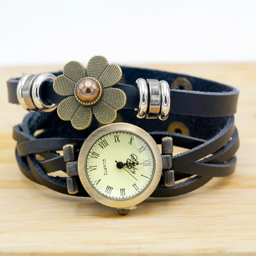 Shsby  New Women Vintage Leather Strap Watches Pearl Sun Flower Bracelet Women Dress Watch Brown Women Wristwatch