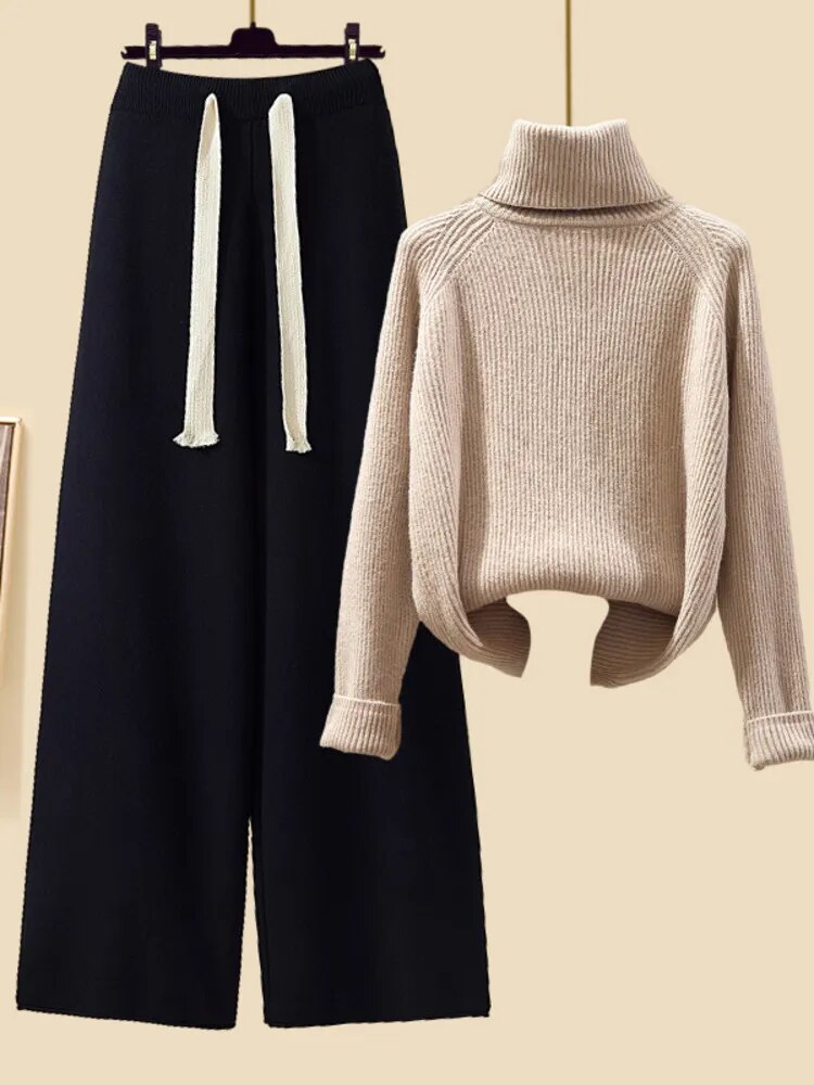 🍀Autumn Winter Warm Knitwear Sets For Women Outfits Ladies Elegant Turtleneck Sweater+long Cardigan Jacket+wide Leg Pant Set 2023