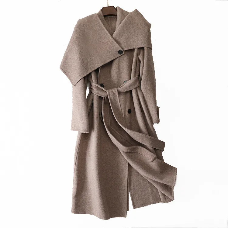 isaballa🍀 Winter New Shawl Scarf Collar Double-breasted Solid Color Women's Double-sided Woolen Belt Coat