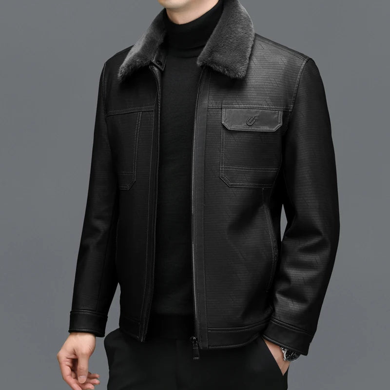 ZDT-8051 Men's Genuine Leather Down Coat Winter Genuine Leather Coat Sheepskin Jacket Lapel Thickened Casual Coat