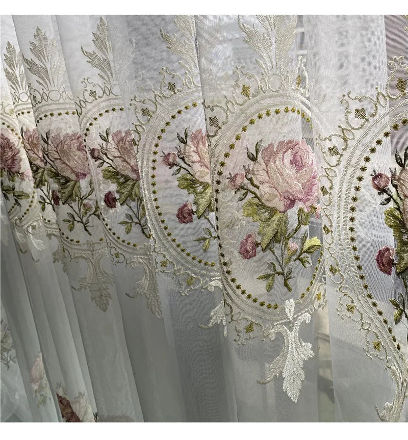 American Luxury Peony Embroidery Tulle Curtain For Living Room European Elegant Flower Embroidery Sheer Voile Drapes For Bedroom